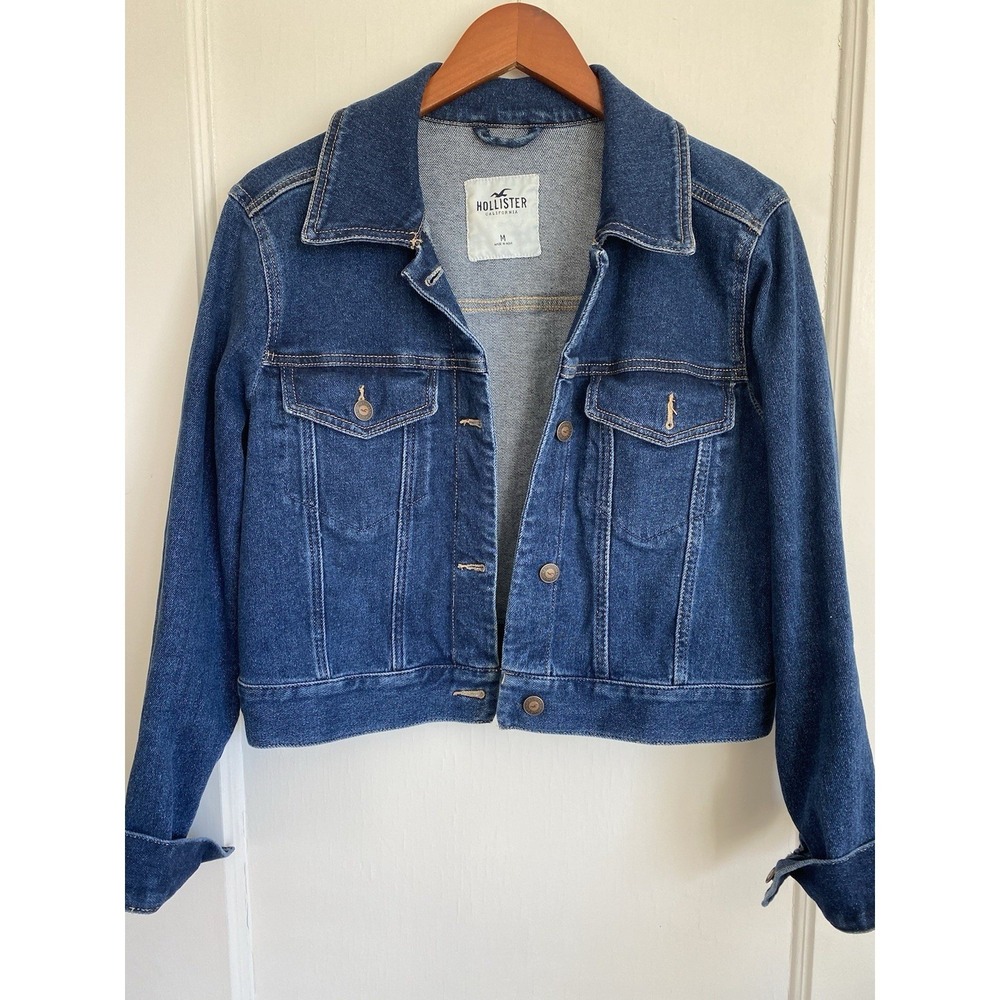 Hollister Denim Jacket Women Medium Blue Cropped Trucker Classic Dark Wash